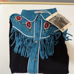Blue Fringe Western Shirt with Floral Embroidery